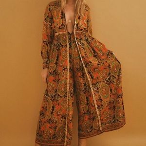 Vintage Psychedelic Paisley Gold Sequin Long Sleeve Palazzo Vintage Jumpsuit